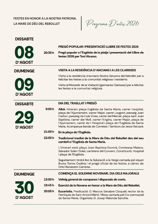 Programa oficial de les festes 2026: actes del 8, 9, 29 i 30 d'agost